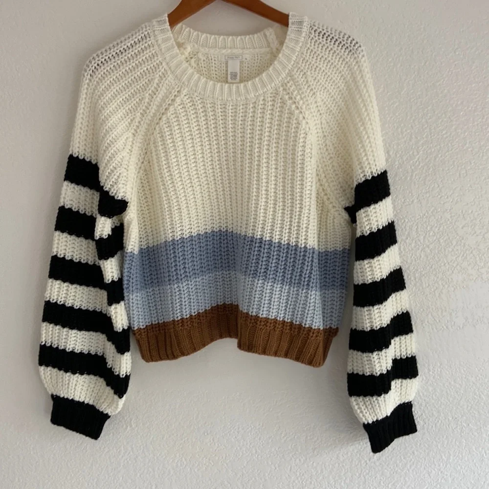 Full Tilt Cream, Blue, and Brown Striped Sweater - Picture 1 of 3